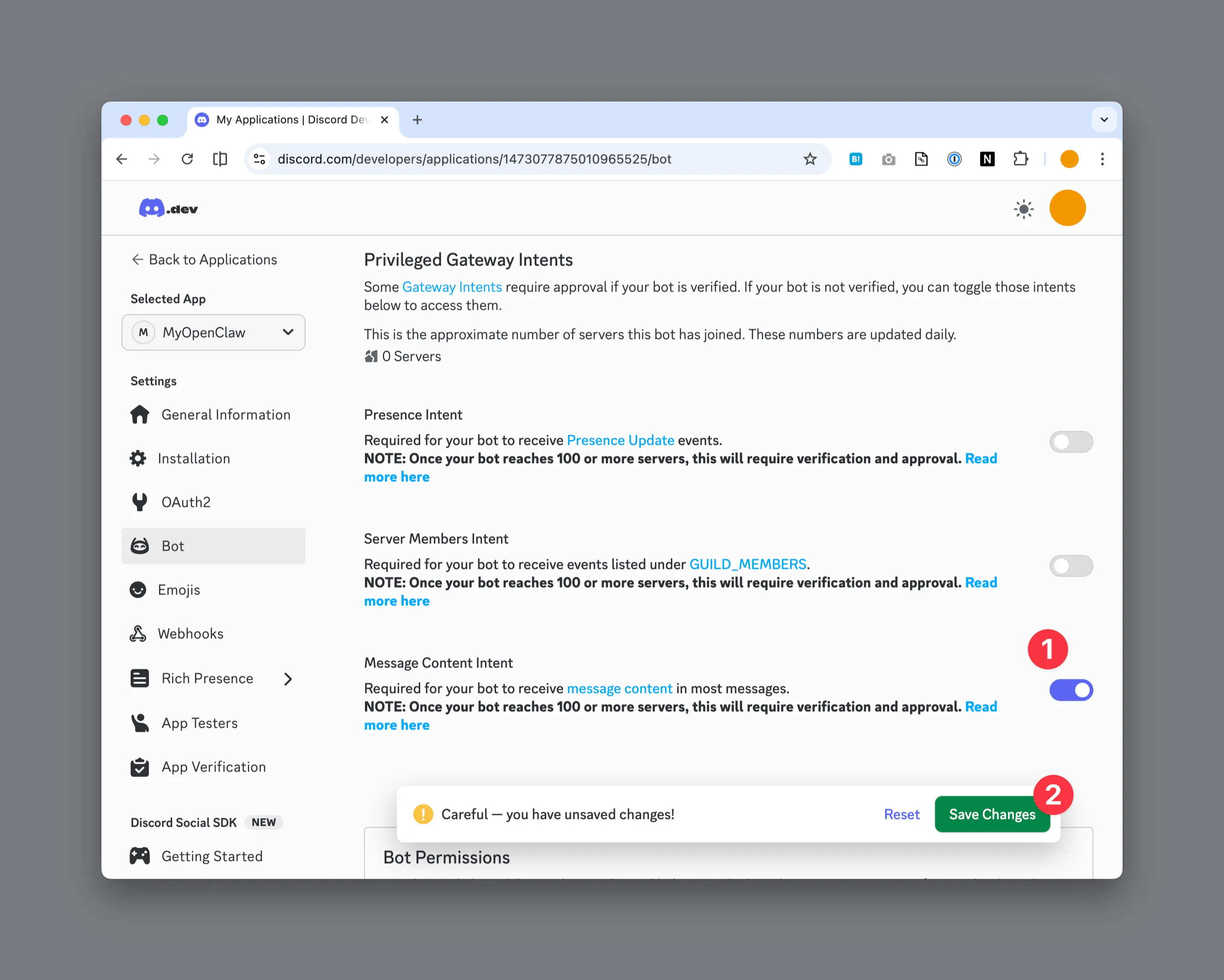 下の方にある「Message Content Intent」をONにして「Save Changes」