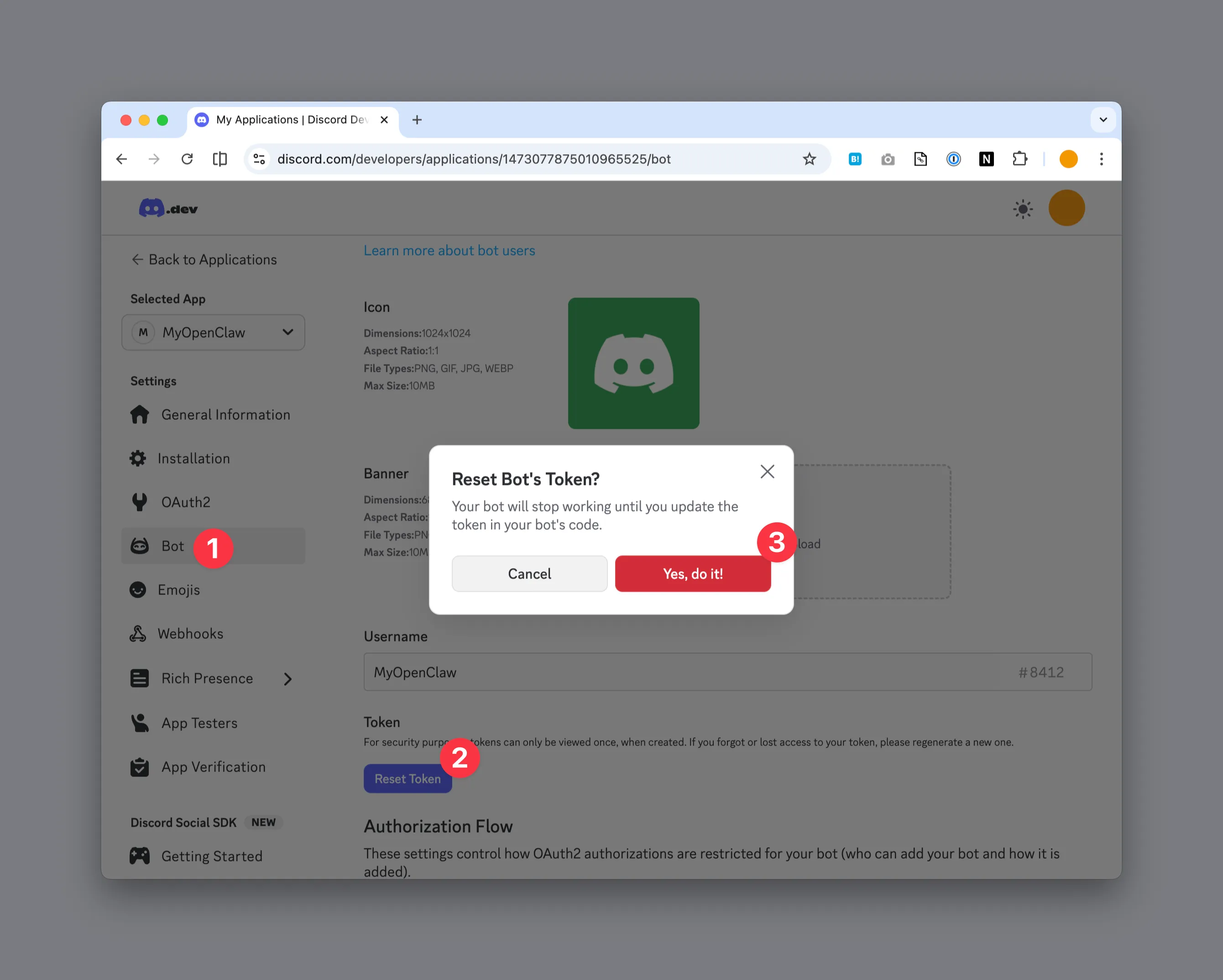 左側のBotからReset Token → Yes, do it!